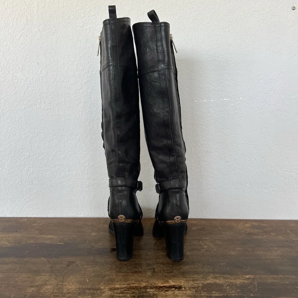 Tory‎ Burch Livingston Leather Riding Boot Black Equestrian Heel Tall Buckle 7.5